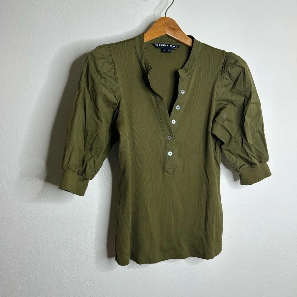 Veronica Beard Coralee High Volume Poplin Puff Sleeve Pima Cotton Green Top S
